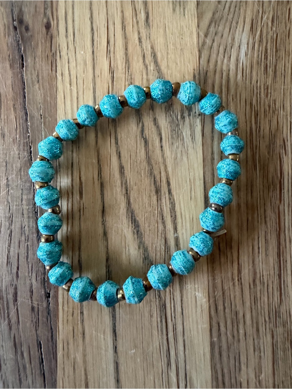 31 Bits Turquoise Blue Beaded Bracelet with Gold Accents for kids